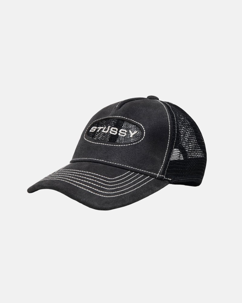 Stüssy Low Pro Trucker Cut-Out Leather Snapback Pánské WR39-2359D3 | Stussy Snapback Černé