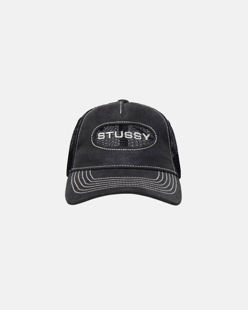 Stüssy Low Pro Trucker Cut-Out Leather Snapback Pánské WR39-2359D3 | Stussy Snapback Černé